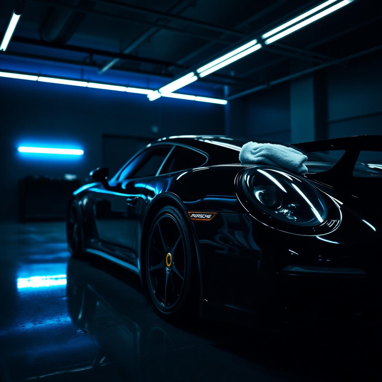 Black sports car being detailed in a dark garage with cobalt blue accent lighting